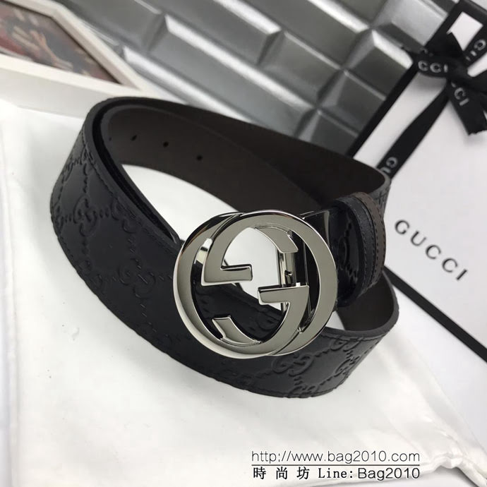 GUCCI古馳 官網新款 原單品質 頭層小牛皮壓花 咖啡色頭層皮底 旋轉雙G扣 男士皮帶  xfp1456